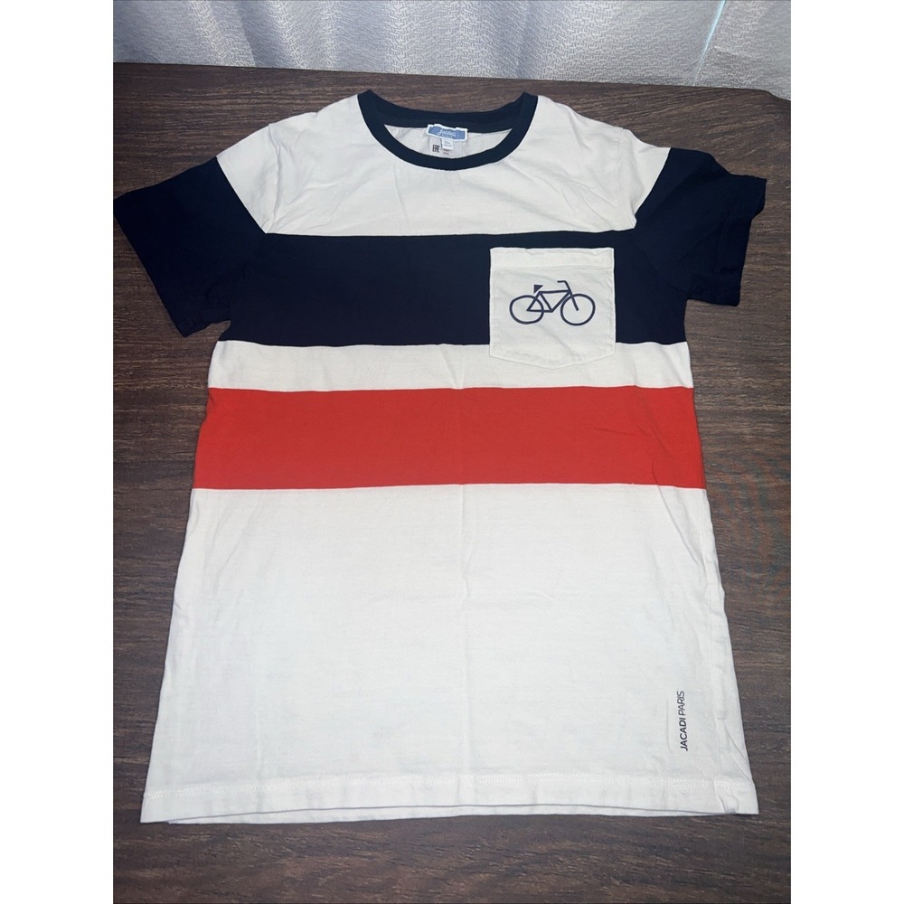 Jacadi Paris Short Sleeve Pocket T Shirt Size 12A Red White Blue Stripe Bicycle